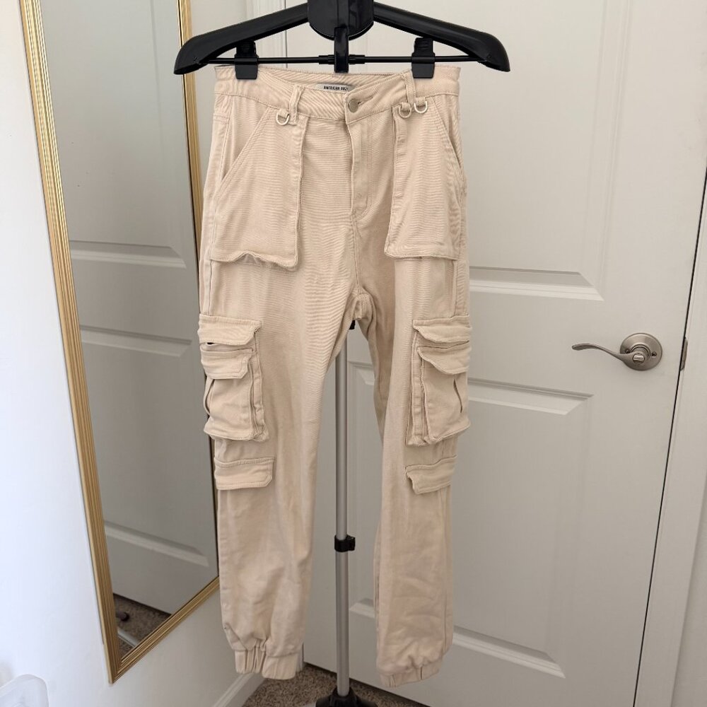 American Bazi Beige Cargo Jogger Pants | Utility Pocket Cotton Stretch | Size S